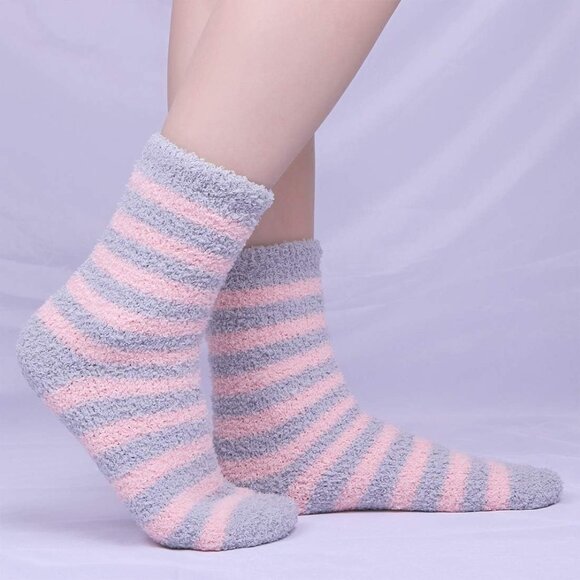 Plush Slipper Socks Women Colorful Warm Fuzzy Crew Socks Cozy Soft Pink Grey - Picture 2 of 7